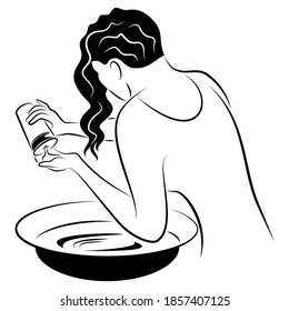 A woman washes her hair on her own with shampoo in a bowl. Vector illustration.