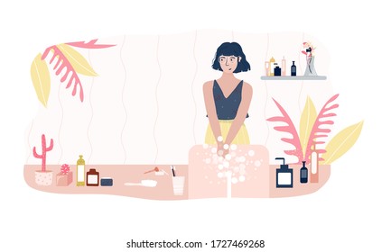 A woman washes her hands at home in the bathroom. Hand and body hygiene concept. Compliance with hygiene rules. Cartoon flat vector illustration.