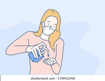 Woman washes her hands with sanitizer alcohol gel. Infection control concept. Hand drawn in thin line style, vector illustrations.