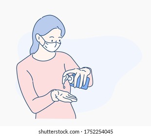 Woman washes her hands with sanitizer alcohol gel. Infection control concept. Hand drawn in thin line style, vector illustrations.