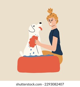 A woman washes her pet. A man monitors the hygiene of his dog. Vector illustration in hand drawn style