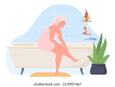 The woman washes, takes care of her body. Bathroom interior furniture. Cozy modern apartment. Vector illustration
