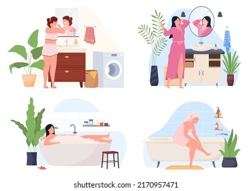 La mujer lava, cuida su cuerpo. El mobiliario interior del cuarto de baño. Acogedor apartamento moderno. Ilustración del vector