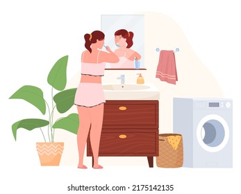 The woman washes, takes care of her body. Bathroom interior furniture. Cozy modern apartment. Vector illustration