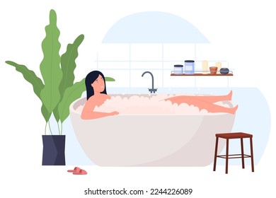 The woman washes, takes care of her body. Bathroom interior furniture. Cozy modern apartment. Vector illustration