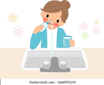 Woman washing away hay fever and virus