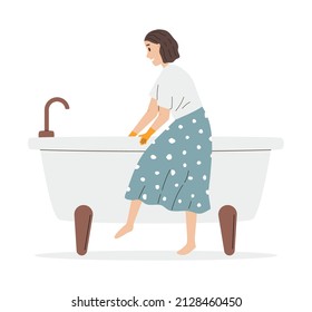 Woman washing the bathtub in rubber gloves. Female doing housework. Flat vector illustration isolated on white background