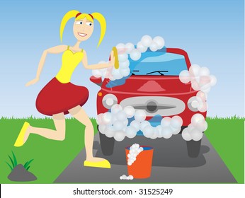 Woman washing car covered in water and bubbles