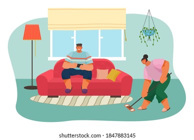 Woman washing cleaning floor with mop. Man sitting and relaxing at sofa or couch, playing phone games, using smartphone. Daily routine of couple. Husband don't help wife during general cleaning home