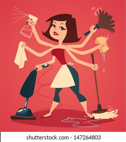 Woman Washing And Cleaning. Household Series Vector Illustration.