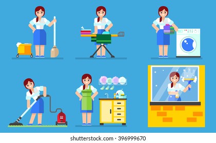 Woman washing and cleaning. Household series vector illustration. Esp10