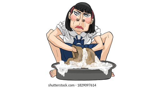 woman washing clothes by hand character drawing, vector