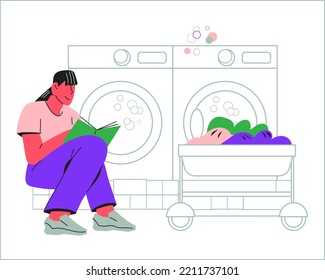 Woman washing clothes in laundromat service, flat cartoon vector illustration isolated on white background. Woman doing laundry