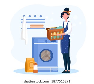 Woman washing clothes in washer. Female character taking dirty linen from basket in bathroom or laundry. Concept of household duties and chores. Flat cartoon vector illustration