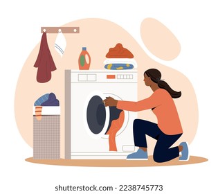 Woman washing clothes. Young girl puts things in washing machine, Comfort and coziness at home, routine and household chores. Character in bathroom with items. Cartoon flat vector illustration