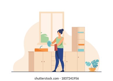 Woman washing dishes at home. Household chores, kitchen. Flat vector illustration. Housework concept can be used for presentations, banner, website design, landing web page