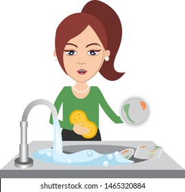 Woman washing dishes, illustration, vector on white background.