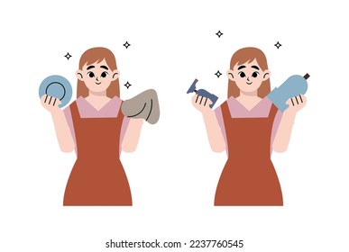 Woman washing dishes in the kitchen. Girl washing plates. Concept for housework. Vector illustration in flat style.