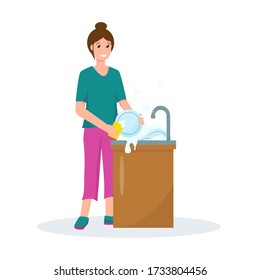 Woman washing dishes in kithen. Housewife at home. Household concept design. Vector illustration on white background.