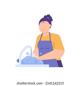 a woman is washing dishes in the sink. cleaning up. housewife, wife, servant, maid. dishwasher. flat cartoon illustration. concept design. character