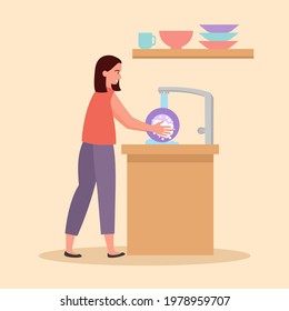 Woman washing dishes in sink in flat design. Housewife doing housework in the kitchen.