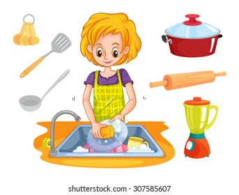 Woman washing dishes in the sink illustration