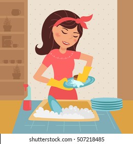 Woman washing dishes. Vector illustration. Cartoon character. Isolated. Flat. Interior