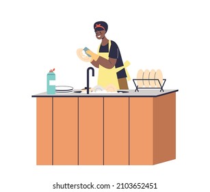 Woman washing dishes. Young female housekeeper cleaning kitchen. Girl housekeeping at home. Household activities concept. Cartoon flat vector illustration