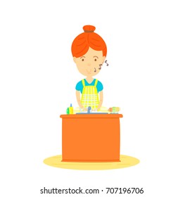 Woman washing dishes,Mother washing dishes, The front of woman washing dishes, housewife washing dishes, cute cartooning style, flat vector, colorful illustration