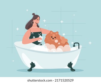 Woman washing dog. Young girl with sponge apply soap on pet. Owner takes care of animal. Beauty and hygiene. Routine and household chores. Pet grooming at house. Cartoon flat vector illustration