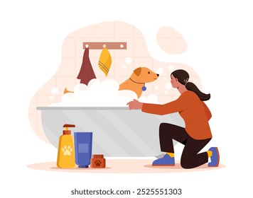 Mujer lavando perro. Chica joven en el baño lava cachorro. Limpieza e higiene, rutina. Animal doméstico con peluquero de mascotas. Ilustración vectorial plana aislada sobre fondo blanco