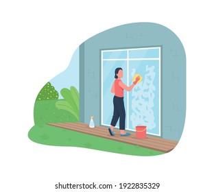 Frau Waschen Außenfenster 2D Vektorwebbanner, Poster. Hausarbeit. Frauen, die Hausaufgaben machen, flache Figuren auf Cartoon-Hintergrund. Frühlingsfräsen, druckbares Pflaster, buntes Webelement