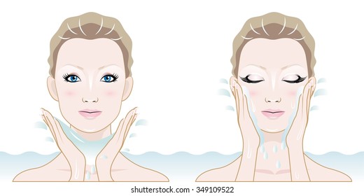 woman washing face with clean water
