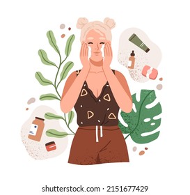 Woman washing face with cleansing foam. Girl applying facial skincare cosmetic product. Natural eco skin care essential. Beauty routine. Flat graphic vector illustration isolated on white background