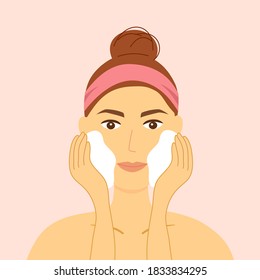 Woman washing face with facial foam. Cleaning face with skin care product. Spa beauty and health care concept.
