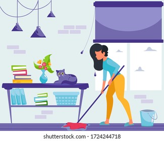 Woman washing the floor at home. House cleaning. Vector illustration.