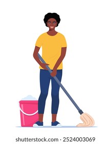 Mujer lavando el suelo. Concepto de limpieza de la casa. Ama de casa afroamericana limpiando la casa. Ilustración vectorial en un estilo plano