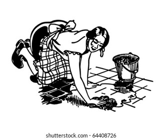 Woman Washing Floor - Retro Clipart Illustration