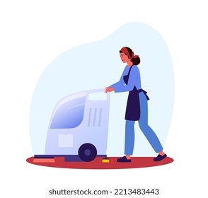 Woman washing the floor with scrubbing machine. Industrial vacuum cleaner. Housewife at home.  Housemaid cleaning the apartment, office.  Cleaning service. Cleaner app. Icon. Cleaning application 