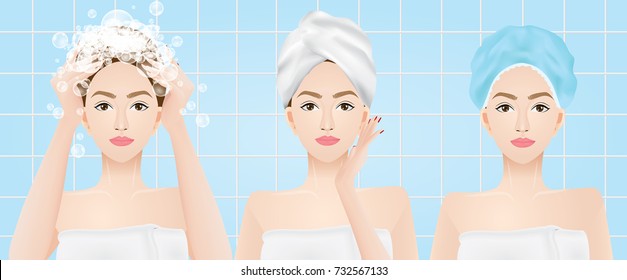 Woman Washing Hair , Wear A Towel And Shower Cap On Head In The Bathroom Vector Illustration