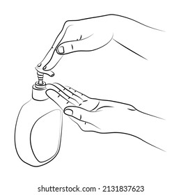 Mujer lavando las manos con jabón líquido con bombeo de la botella. Uso de desinfectantes para proteger la salud de virus y gérmenes. Concepto de higiene. Aplicar sanitizador hidratante a mano. Esbozo lineal