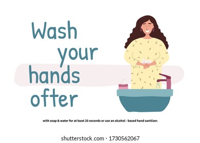 Woman washing hands. Perspective young girl standing at the wash basin. Clean hands. Daily Personal Care. Covid-19 prevention. Vector illustration in flat cartoon style.