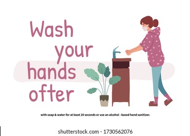 Woman washing hands. Perspective young girl standing at the wash basin. Clean hands. Daily Personal Care. Covid-19 prevention. Vector illustration in flat cartoon style.