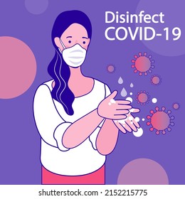 woman washing hands with soap with bubbles and COVID-19 virus pathogen on her hands. Washing hands to sanitize and disinfect COVID-19 Coronavirus pathogens from your hands. vector outline.