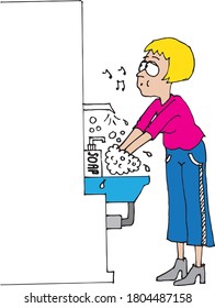 Woman washing hands whistling to wash them long enough