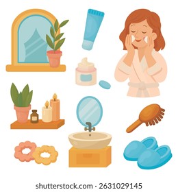 Woman washing her face with bathroom and self-care items around her.