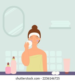 A woman is washing her face with cosmetics in the bathroom. 
