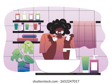 Mulher lavando seu rosto com espuma em uma pia em um banheiro com prateleiras de produtos de cuidados com a pele e toalhas, estilo de desenho animado plano, sobre fundo ladrilhado. Ilustração vetorial