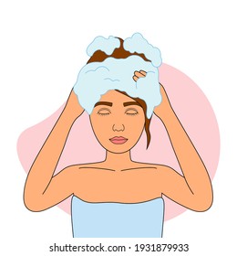 Woman Washing Her Hair With Shampoo. Haircare Concept. Vector Illustration.