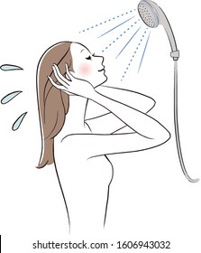 Woman washing her hair with shower, water